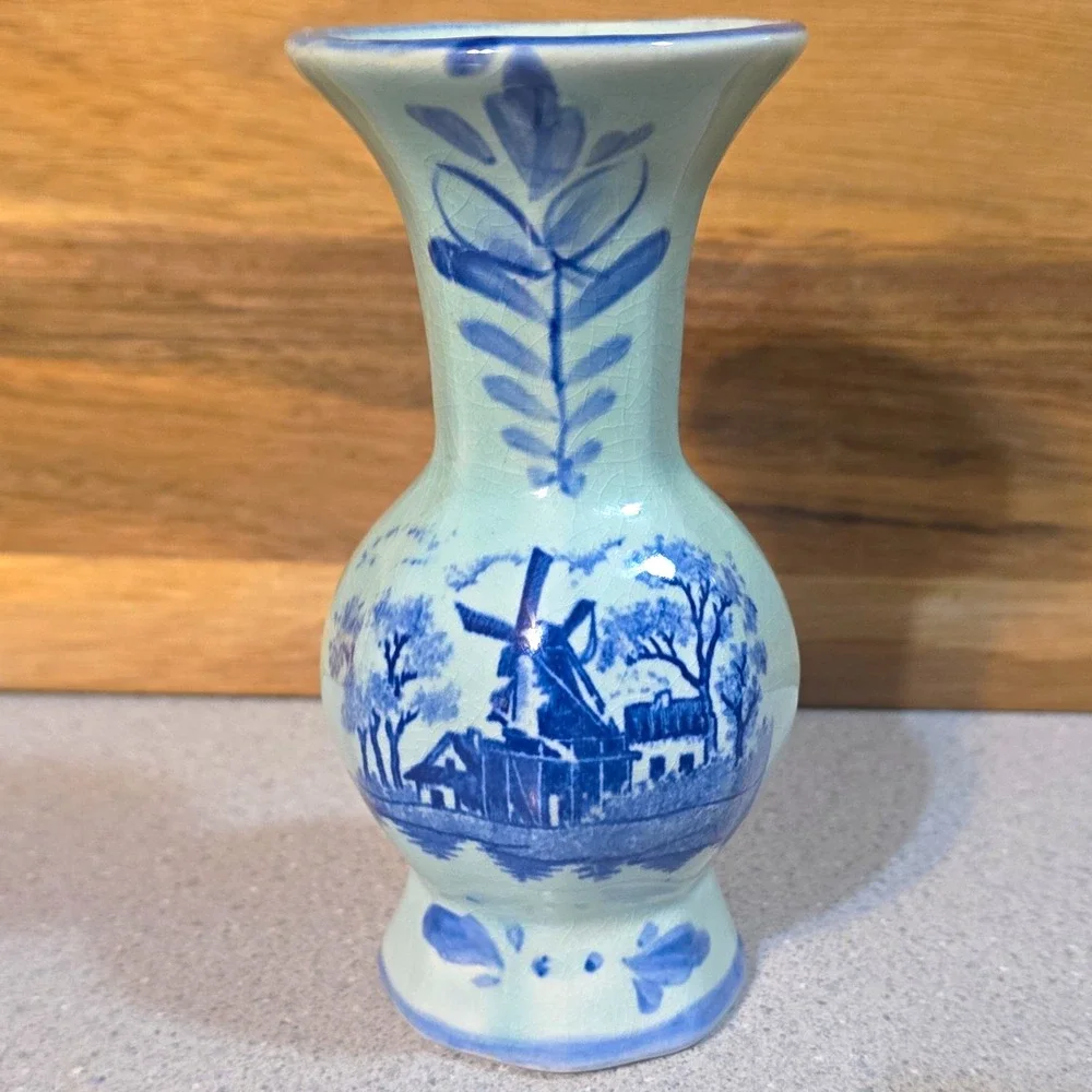 Blue & Light Blue Ceramic Vase, Japan, Scenic Windmill Landscape Design